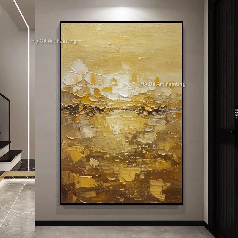 Sculptural Thick Paint Abstract Artwork, Layered Ochre Gold & Off White Fragment Blocks, Luxe Warm Vertical Canvas Decor