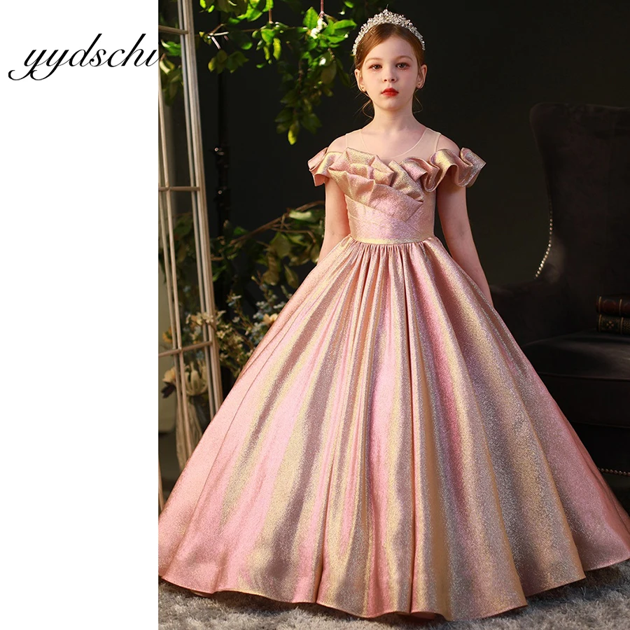 Customized Pink Shiny Flower Girl Dress Elegant Ball Gown For Kids Birthday Party Simple Bow Floor Length First Communion Dress