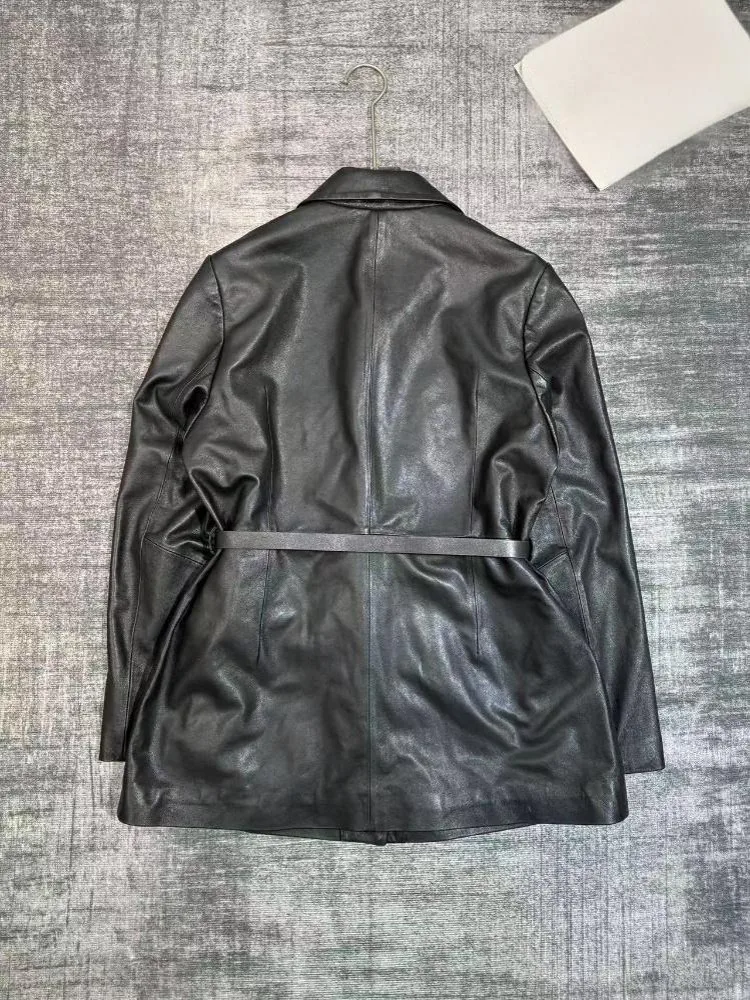 Cappotto da donna in vera pelle da ufficio Giacca a vento auto-coltivazione Cintura che abbraccia la vita Giacca medio lunga in pelle di pecora Casual da donna