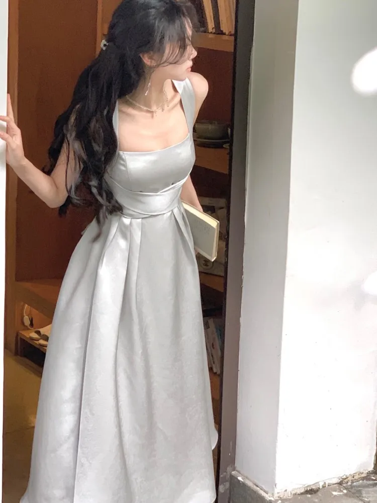 

Elegant Sleeveless Midi Dresses for Women Solid Slim A-line Vintage Chic Wedding Evening Party Dress Prom Robe Vestidos Mujer