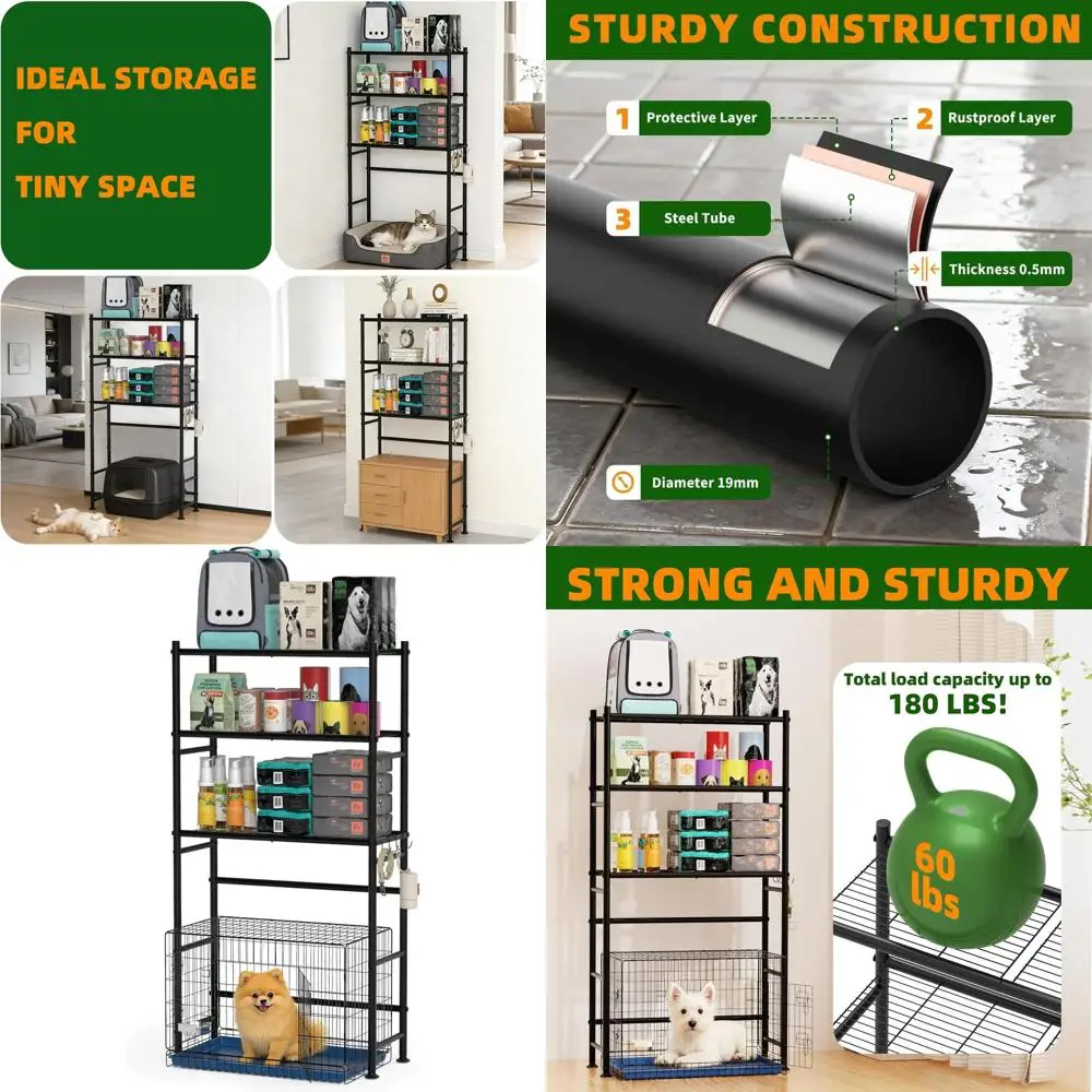 

Трехуровневая металлическая подставка для собачьей клетки с местом для хранения, регулируемые ножки, подходит для большинства пород, черная