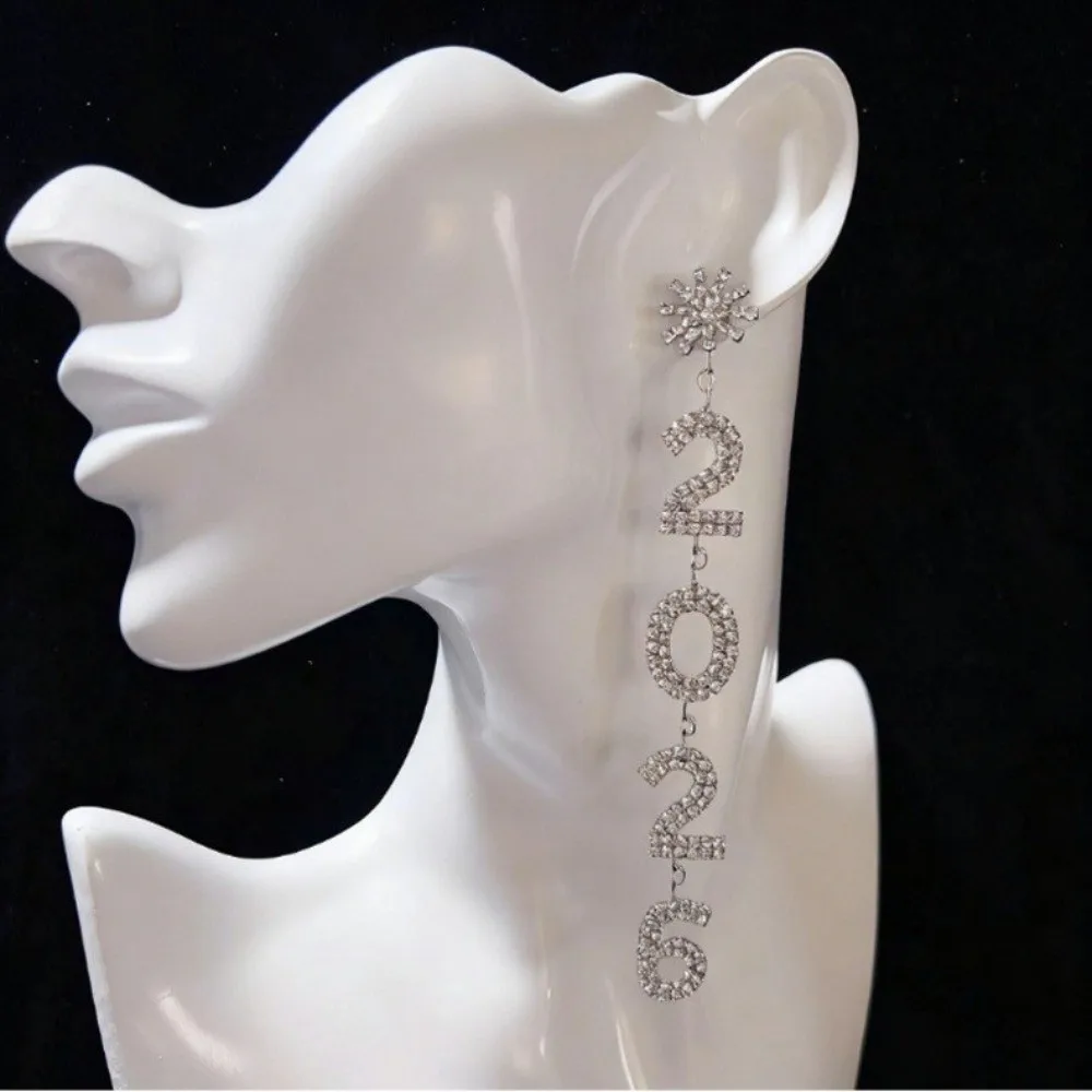 الجمالية 2026 أقراط مجوهرات حجر الراين سنة جديدة سعيدة أقراط لامعة طويلة قطرة كريستال أقراط الحفلات قلادة السنة الجديدة