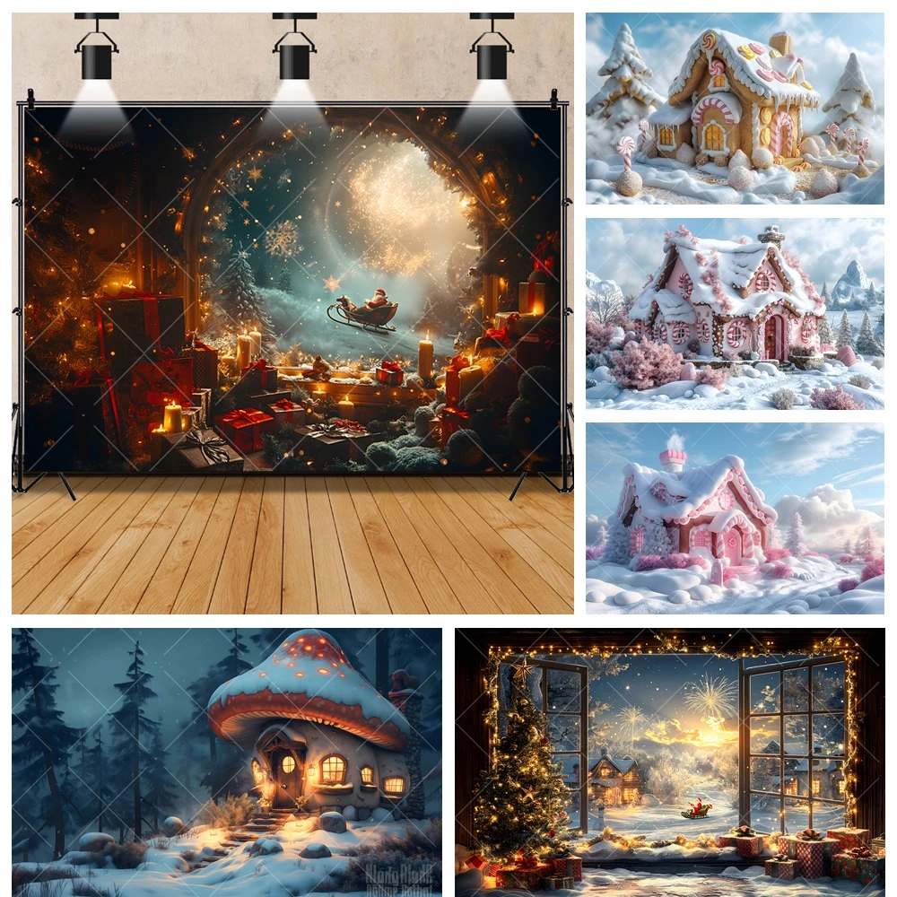 

Christmas Snow Cookie House Santa Claus Delivers Gifts Kids Baby Family Party Backdrop Custom Photo Poster Decor Prop Background