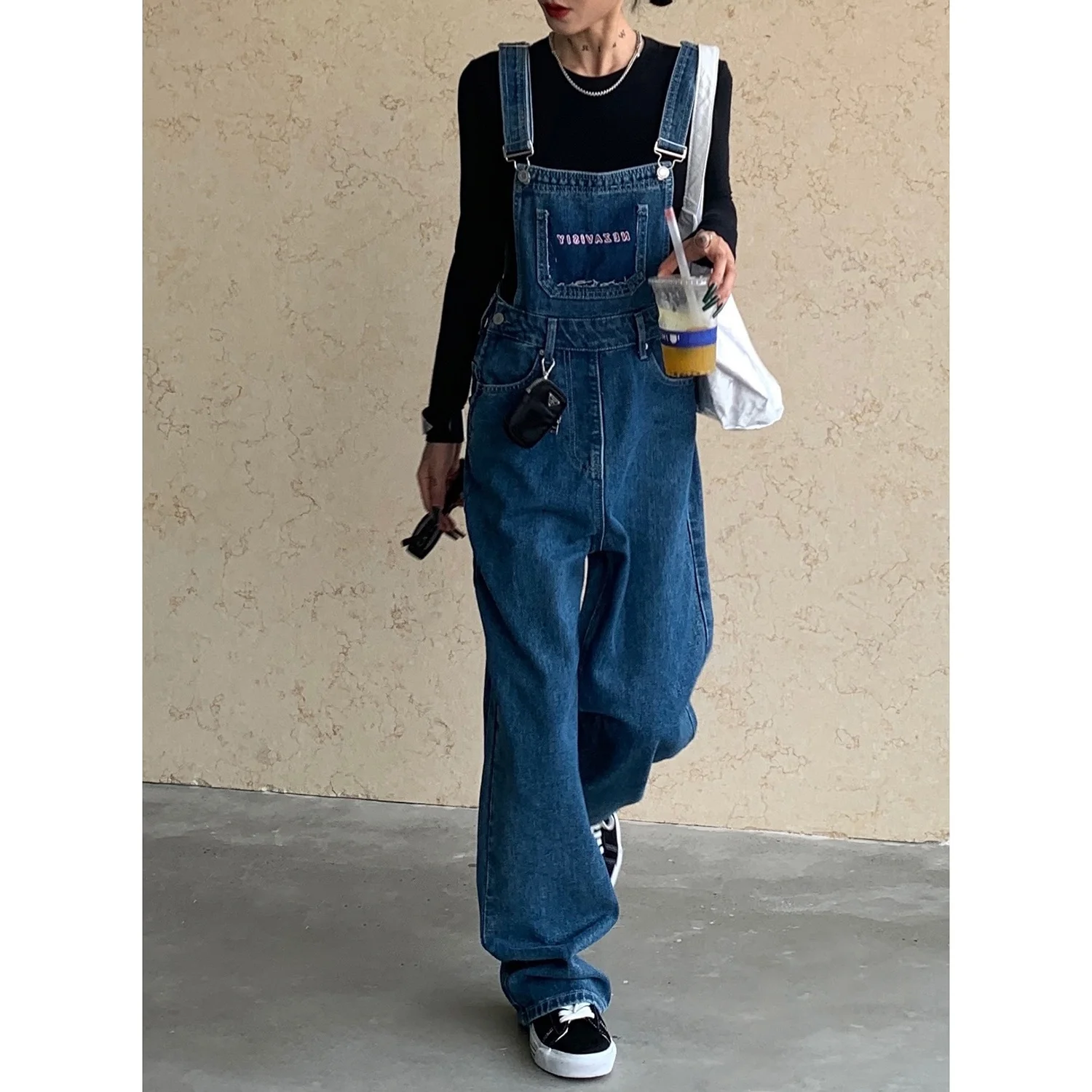

Джинсовые комбинезоны в стиле ретро в американском стиле, женские весенне-осенние новые свободные комбинезоны с высокой талией и прямыми штанинами, широкие штанины