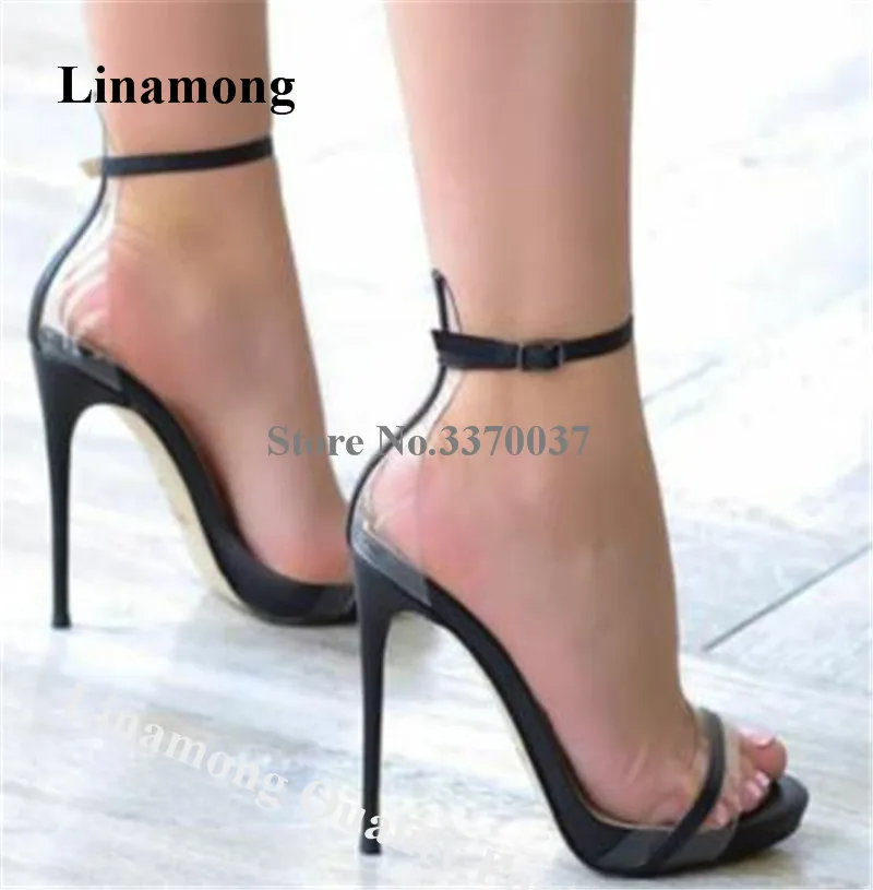 Clear PVC Patchwork Sandals Linamong Sexy Open Toe Transparent Black Leather Stiletto Heel Dress Shoes Party Club Heels