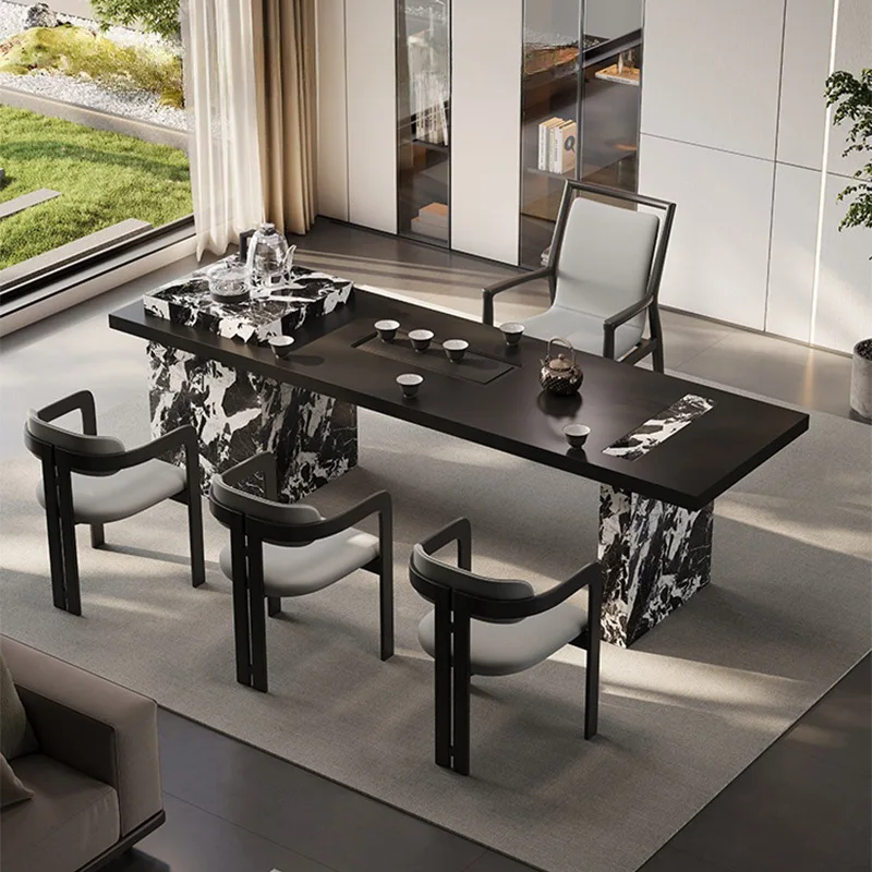 Medieval style modern simple tea table and chair combination villa balcony guest reception designer high-end rock slab large tea