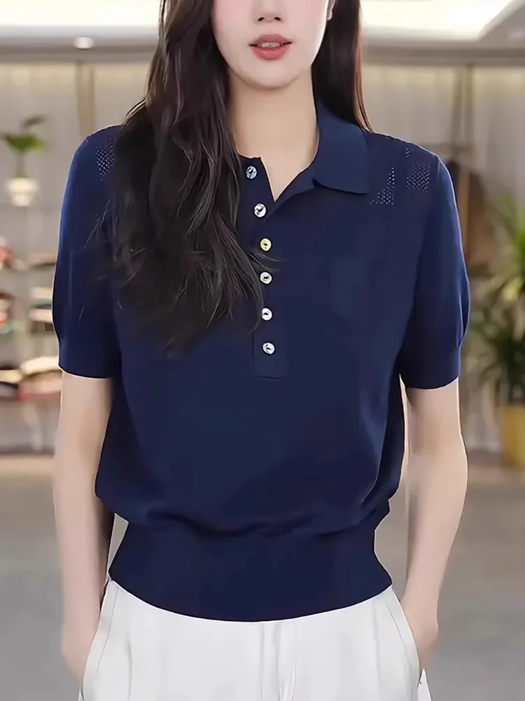 

Женский летний топ из ледяного шелка с коротким рукавом, ажурный, дышащий, в корейском стиле, премиум-класса