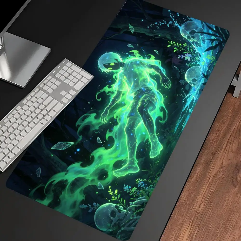 Neon Ghost Skeleton Graphic Extended Desk Mat Non Slip Rubber Stitched Edge Gaming Keyboard Table Mat For Laptop PC Gamers