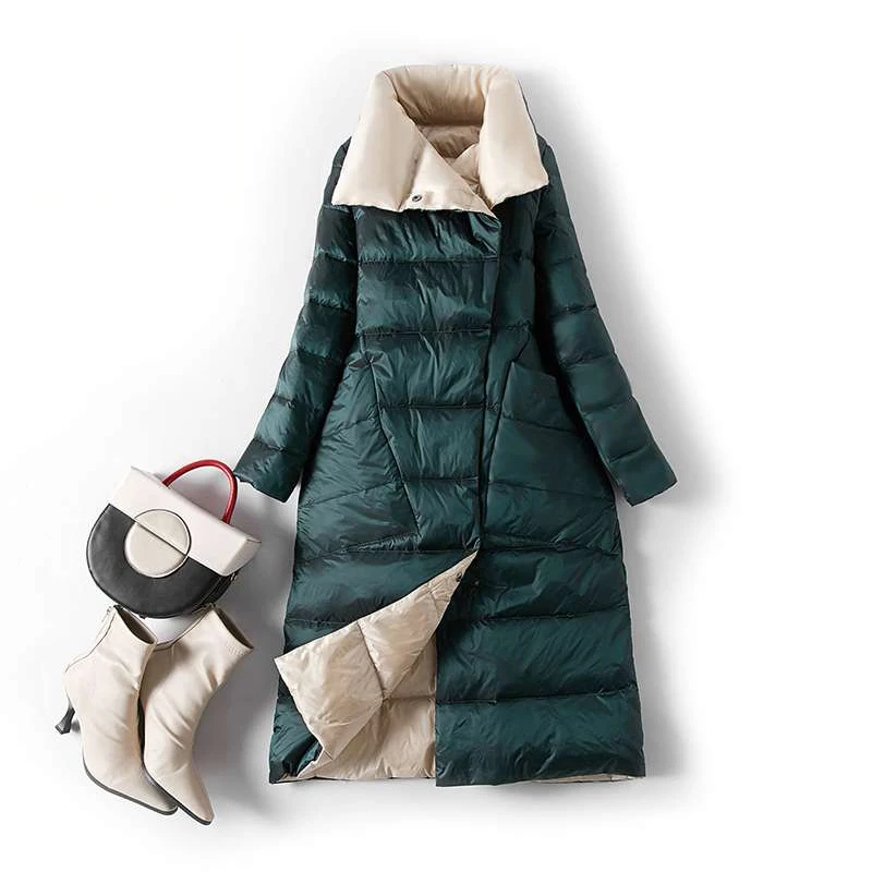 FMFSSOM Women 90% White Duck Down Both Side Down Long Jacket Double Breasted Fashion Blackish Green Outwear Warm Lapel Parka