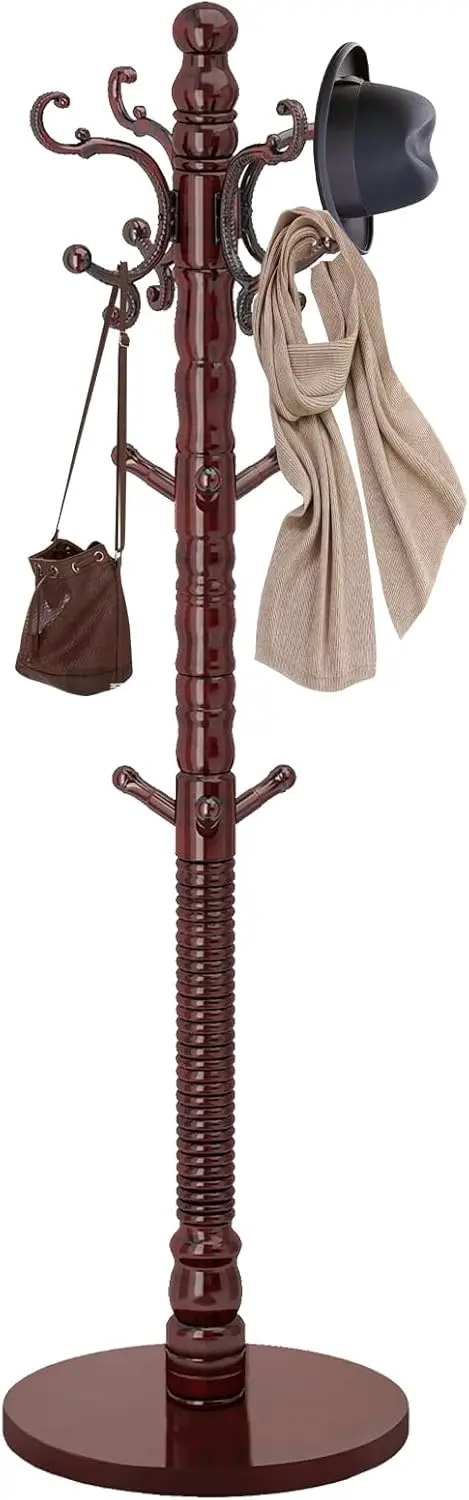 

Wood Coat Rack Stand, Vintage Wooden Coat Rack Freestanding with Sturdy Round Base,Classic Coat Racks with 14 Hooks, Nat