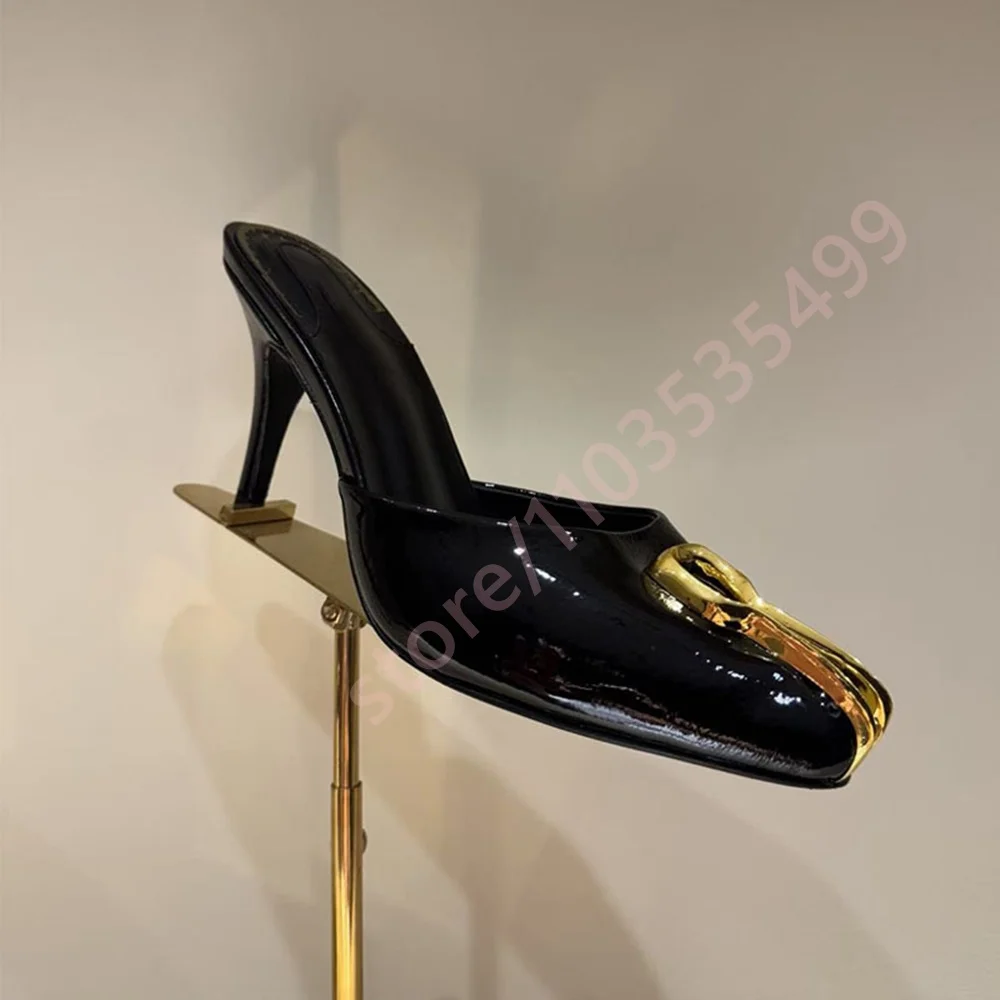 

Sexy Patent Leather Metallic Stilettos 2026 Spring New Round Outdoor Slip-On Sandals Fashion Women's Party Runway Casual Slipper