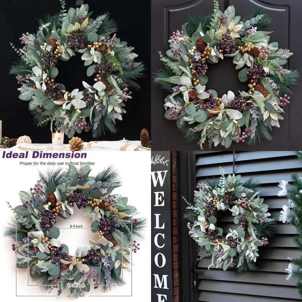 

Artificial Snowy Winter Wreath with Pine Needles and Blueberries for Outdoor or Indoor Door Decoration