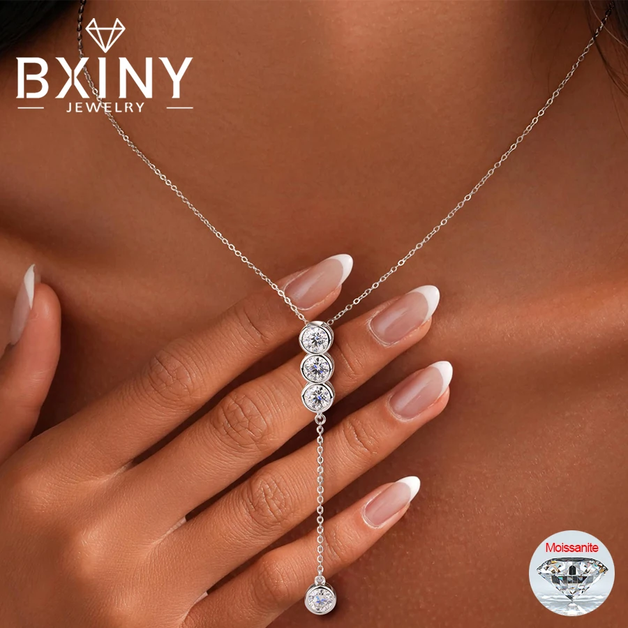 

Ожерелье BXINY с муассанитом 3/5 мм, серебро S925, оправа с лабораторными бриллиантами, длинная цепочка с кисточкой, для женщин, подарок, GRA