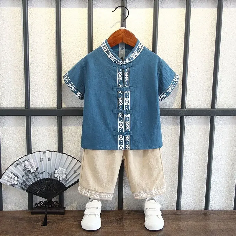 Hanfu en coton et lin de style chinois pour enfants, manches courtes, pantalon en Y imbibé Tang, vêtements d'été vintage pour garçons, 2 pièces minces