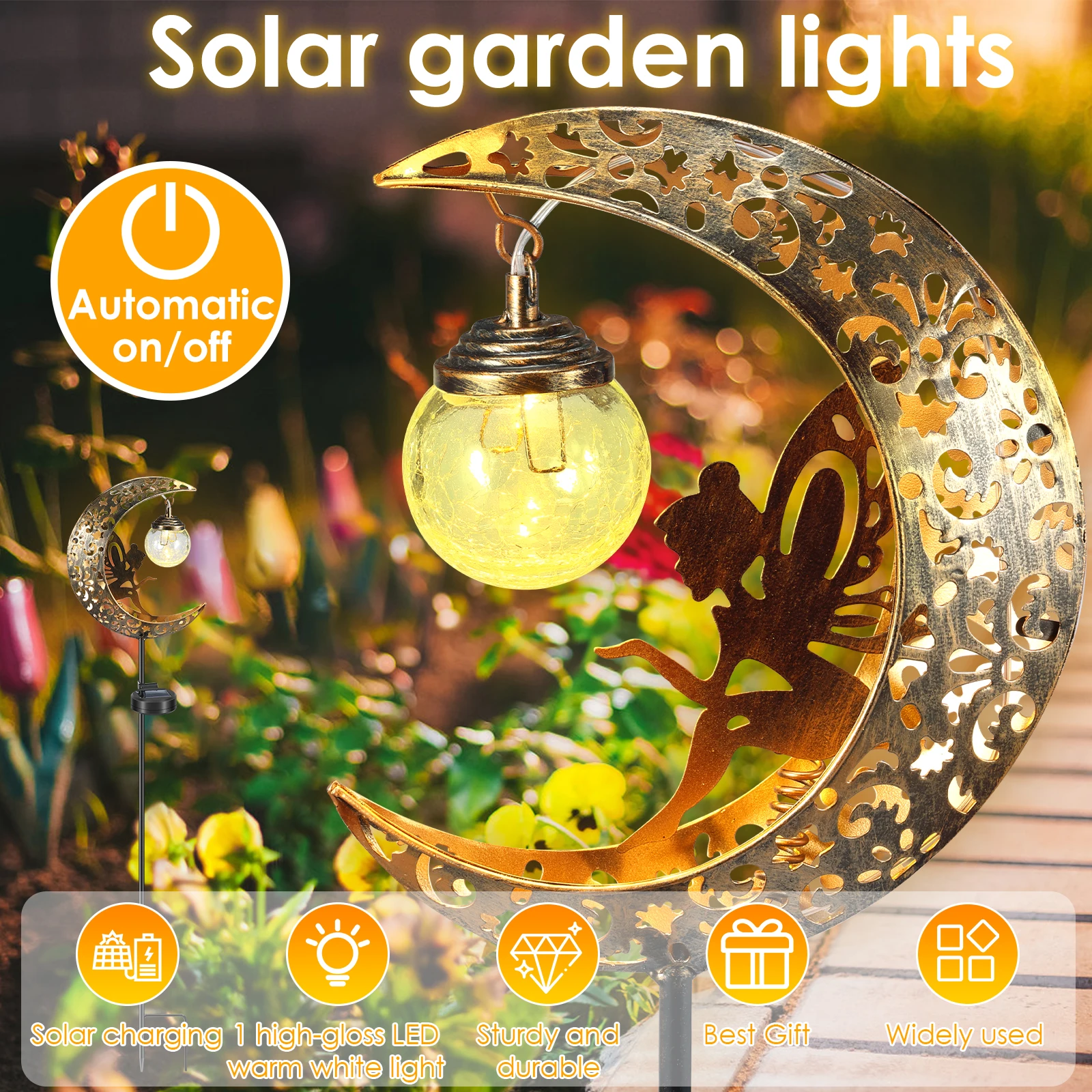 Solar Garden Lights Outdoor Decor Moon Fairy Crackle Glass Lights Waterproof LED Metal Stake Ornament Decorative Pathway Lights