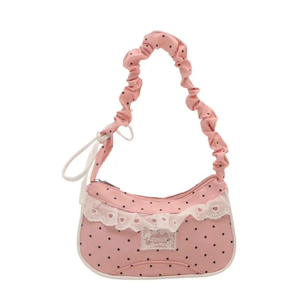 Niedliche Spitzen-Schultertasche mit Tupfenmuster, Süße Unterarmtasche mit Schleife, Y2k Mode, Lässige Schultertasche, Umhängetasche – Detail 3