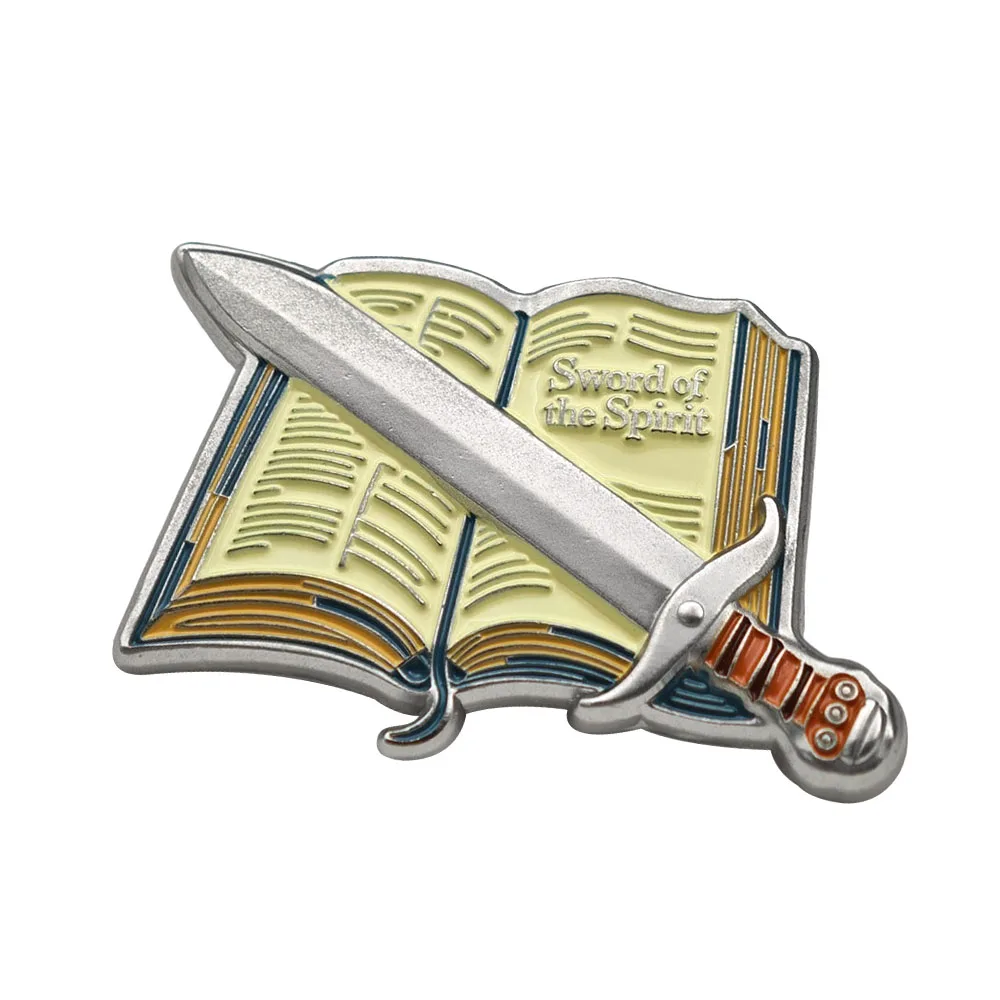 Sword of the Spirit Brooch Christian Bible Verse Open Book Lapel Pin Religious Faith Holy Sword Metal Badge Jewelry Gift
