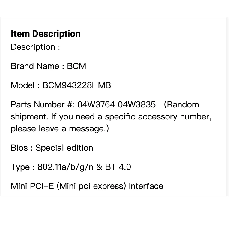 BCM943228HMB BCM43228 300M+BT4.0 Half Mini PCIe Wireless Card FRU:04W3763 04W3764 04W3835 for Lenovo  E130 E135 E330 E335 view 5