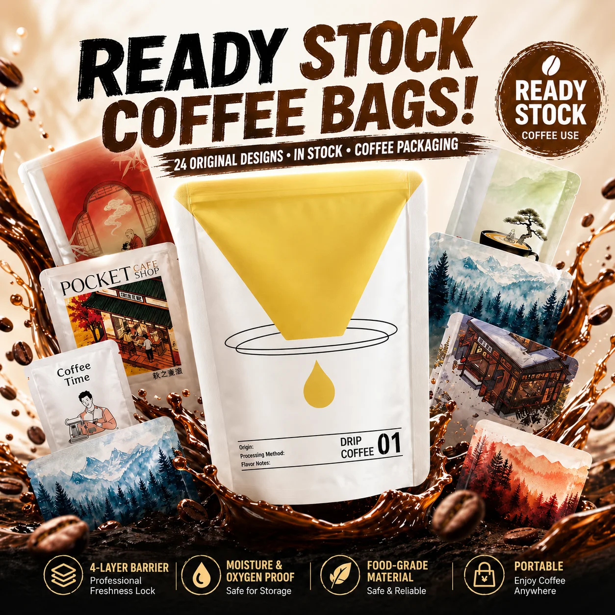 50Pcs In Stock 4 Layer Thickened Aluminum Foil Kraft Plastic Hanging Coffee Filter Bags Food Grade Drip Coffee Outer Packaging