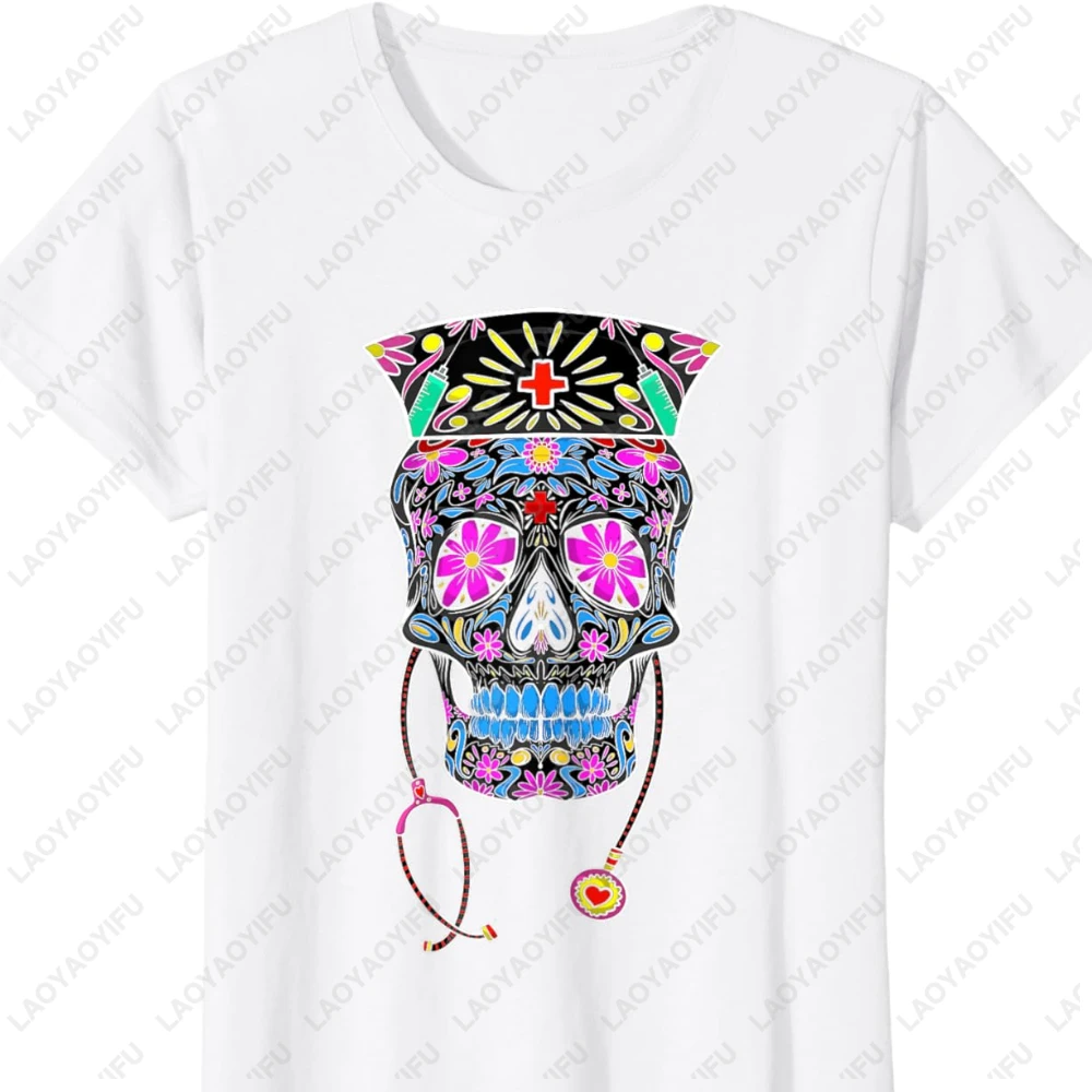 Hallowmas Funny Nurse Sugar Skull Colorful Printed T-shirt Tops Gift Men Clothing Street Fashion Clothes for Women T Shirt Tops