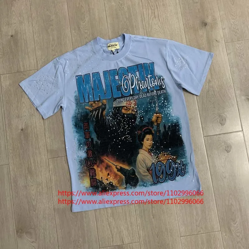New Streetwear Majestik T-shirt American Retro Washed Oversized Ninja Pattern Short Sleeved Men's Top Tee