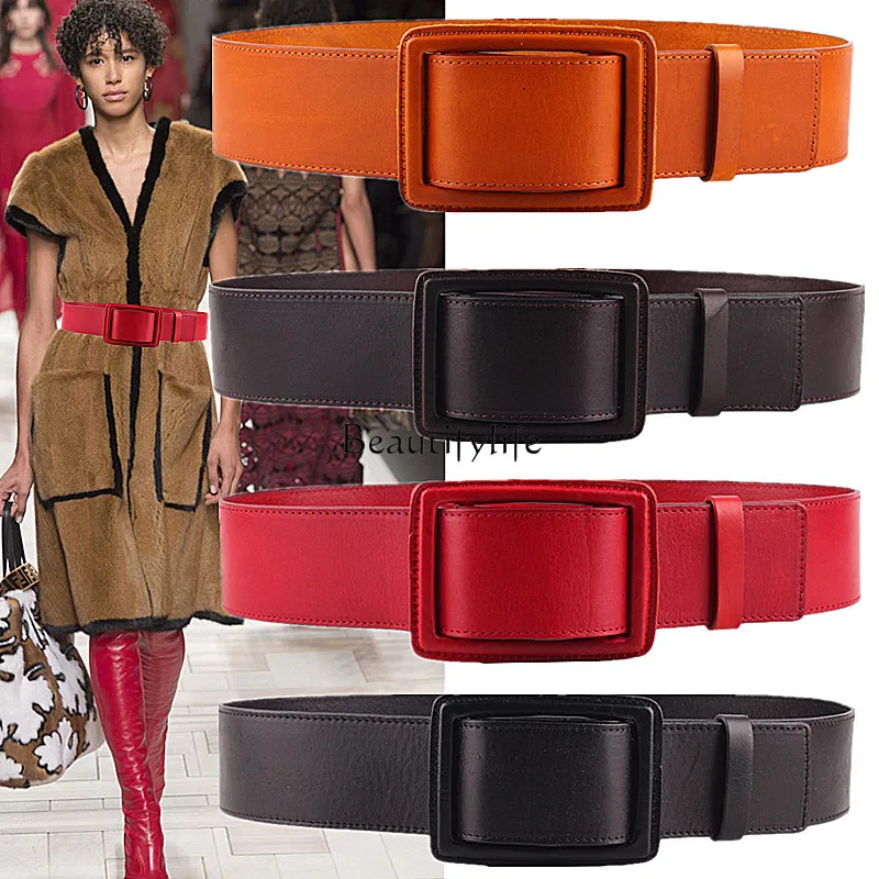 Versatile simple wide waist seal first layer cowhide accessories Korean version genuine leather black decorative belt