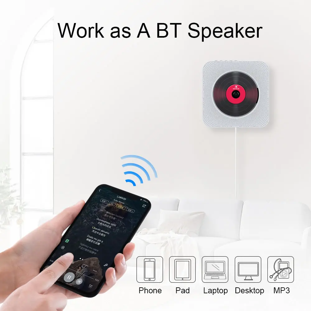 Kustron 2.0 مثبت على الحائط مشغل أقراص مضغوطة سمّاعات بلوتوث + LED عرض المحمولة الرئيسية الصوت Boombox مع جهاز التحكم عن بعد راديو FM