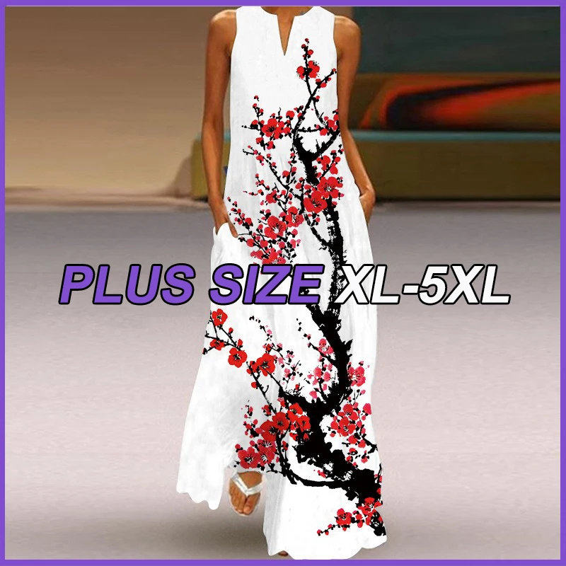 

Plus Size Dresses Vintage Print Maxi Dress For Women Summer Loose Sleeveless Long Dresses V-Neck Boho Beach Sundress Vestidos