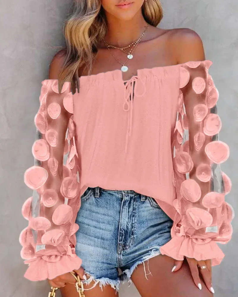 Blouses Women Shirt T-Shirt Pullover Tops 2025 Off The Shoulder Floral Pattern Lantern Sleeve Sheer Mesh Patch Frill Hem Top