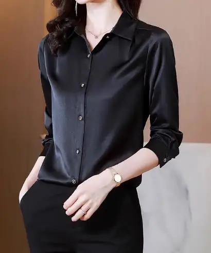 a new Peacock blue Satin Shirt Women Long sleeve silk Blouses loose women work wear uniform office shirt simple Chiffon top
