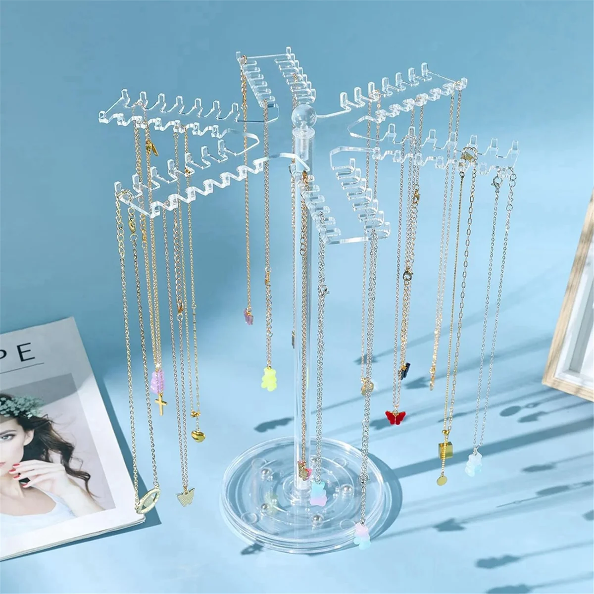 

AT13 Rotating Acrylic Necklace Organizer,Clear Necklace Holder Stand,Jewelry Organizer Display Tree Hanger Rack with 84 Hooks