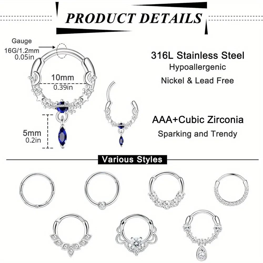 Drperfect Septumringe 16G Chirurgenstahl Septum-Schmuck Clicker Knorpel-Ohrringe Nasenringe Nasenpiercing-Schmuck – Detail 1