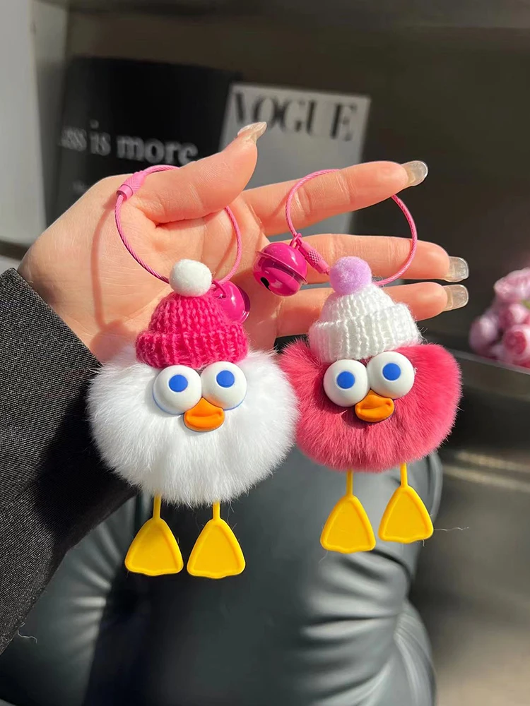 Plush Ball Real Rex Rabbit Fur Key Chains Mini Cute Duck Toy Trinkets Women Bag Ornaments Car Keyring Pendant Girl Birthday Gift