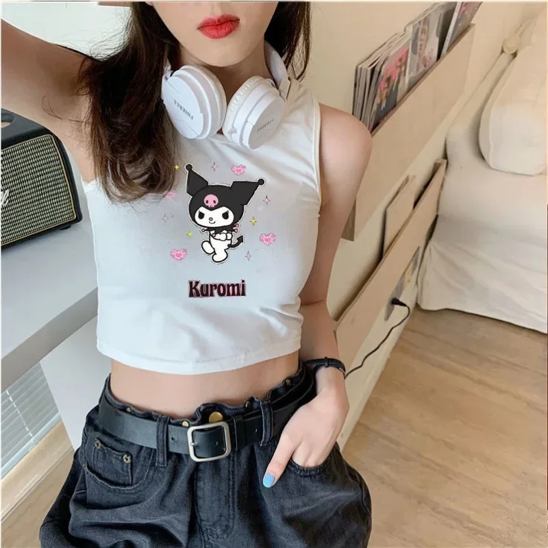 Kawaii Sanrio Kuromi Close Vest Crop Top Suspenders T-Shirt Print Short Sleeve Casual Summer Women T-Shirt Cute Sweet Sexy Tops