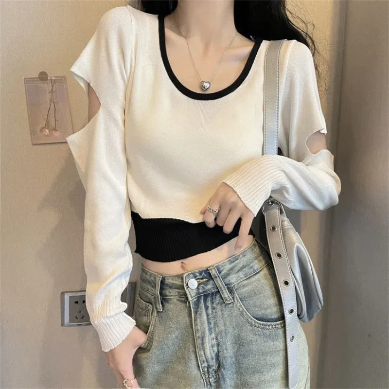 Fake Two Pieces Hollow Out Short Sweaters Autumn Long Sleeve Youth All-match Trend Pullovers Top Fashion Casual Women Clothing