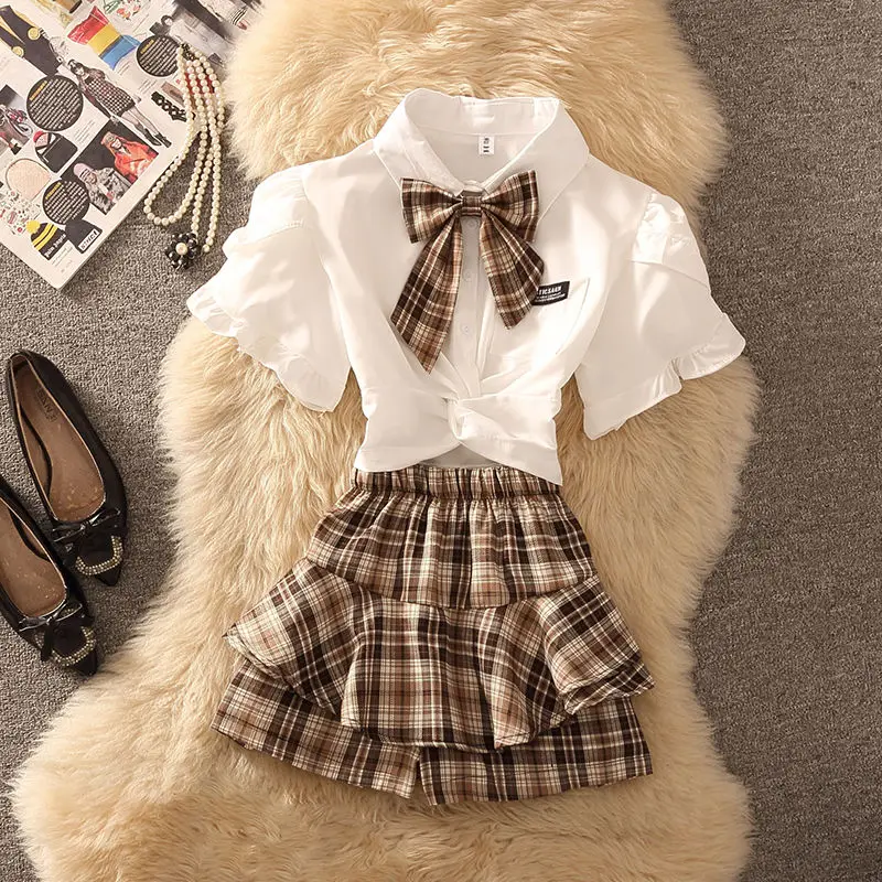 2024 Short Sleeve Uniform Set Girl's Japanese and Korean Academy Two Piece Set White Shirt +plaid Skirt +bow Set Jk Uniform