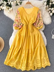 Women Summer Dress Ethnic Printed Panel Hollow V-neck Temperament Vestidos Female Small Stature Seaside Holiday Dress D2047