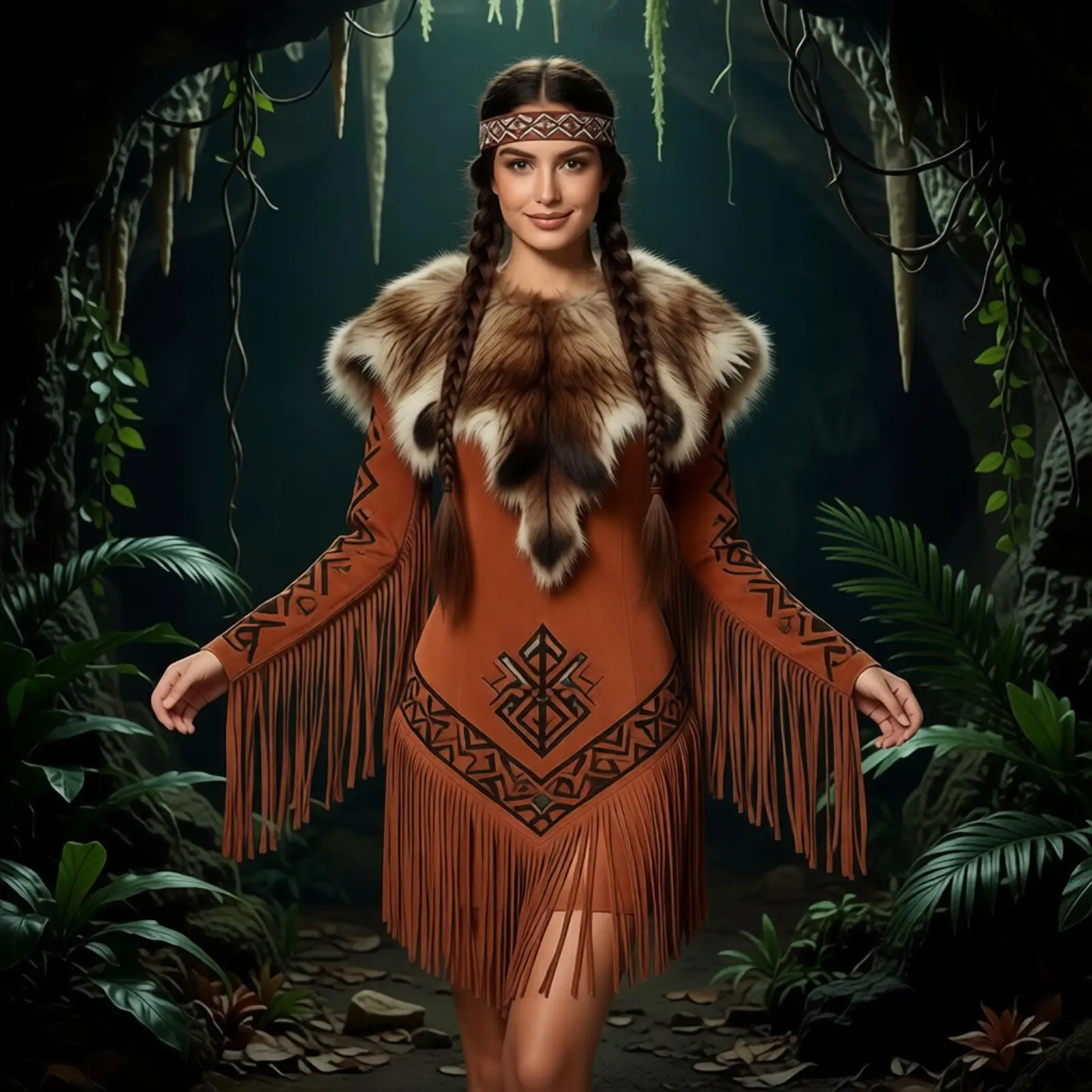 Women Halloween Primitive Caveman Tribal Cosplay Costume Long Sleeve Laceup Princess Dress Up Retro Tassel Brocade Fringed Dress
