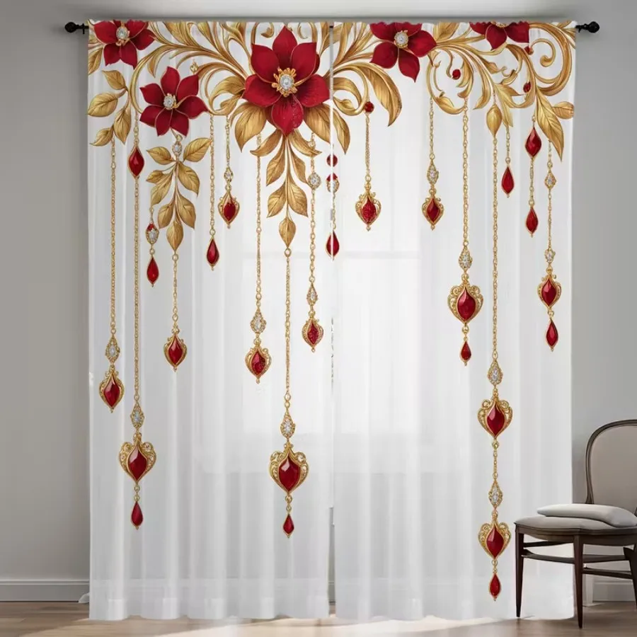 2PCS Digital Print Sheer Curtains, Lovely Red Gold Flower Pendant, Luxury Ornate Floral Style for Bedroom Living Room Home Decor view 3