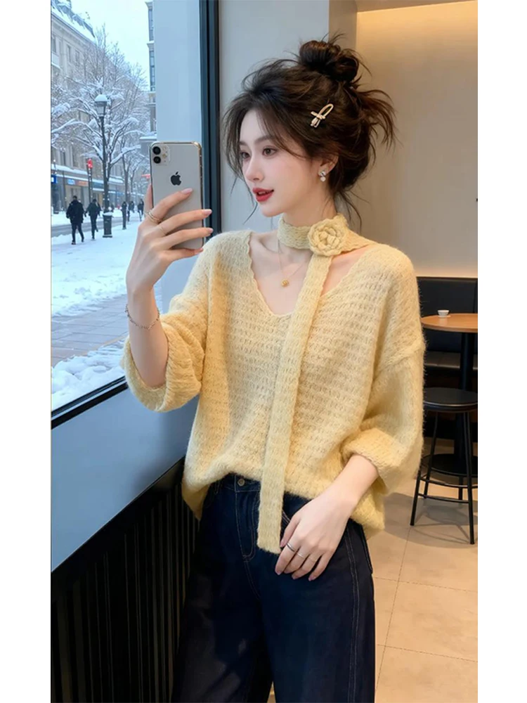 

Korean Style V-Neck Knitted Sweater Women's Autumn Winter New Gentle Soft Fluffy Lazy Top Floral Sash Hanging Neck Design