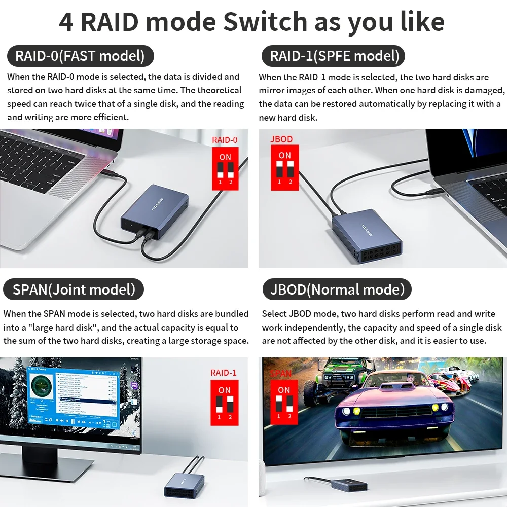 Acasis 2,5-Zoll-HDD-Gehäuse, externes Festplattengehäuse mit zwei Einschüben für 2,5'' SATA HDD/SSD mit RAID-Funktion, Typ-C Disk-Array-Gehäuse – Detail 7