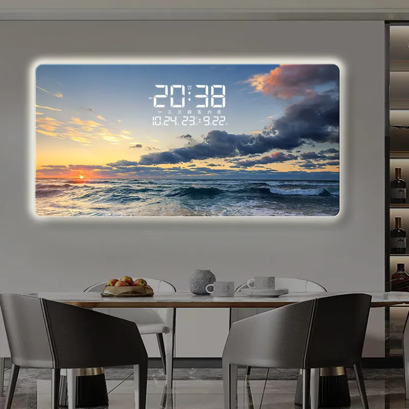 Sea Beach Entrance Decorative Painting Electronic Clock Light Living Room Clock Sofa Background Wall Painting Wall Clock Light