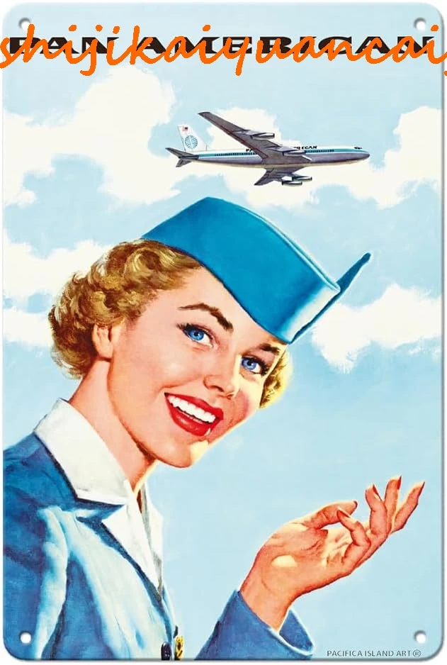 Pan American World Airways - Airline Stewardess - Vintage Airline Travel Poster c.1960s - 8 x 12 inch Vintage Metal Tin Sign