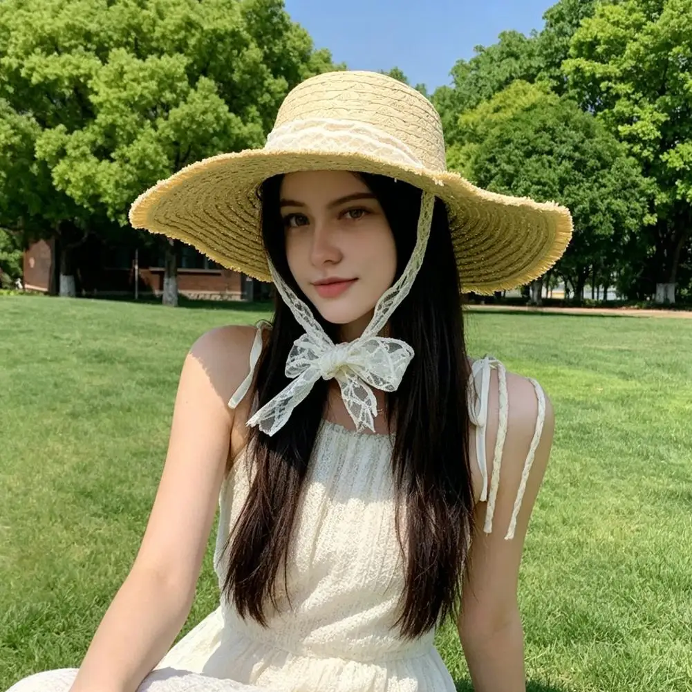 Straw Sun Hat Comfortable Sun Hat Women’s Summer Beach Hat Breathable Wide Brim Sun Protection Lace Braided Strap for Outdoor