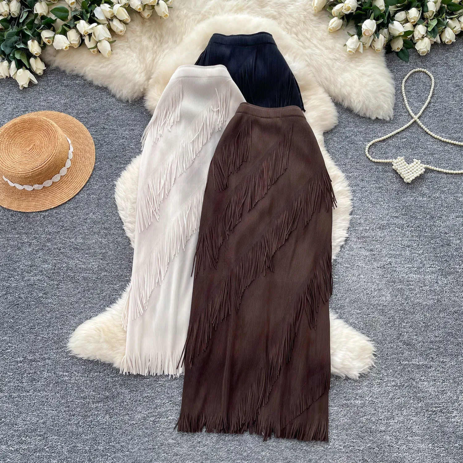 AW Pleated Skirt for Women New 2026 Spring Autumn Tassel High Waist Elegant Fashion Versatile Commuter Solid Color Skirt Pleat