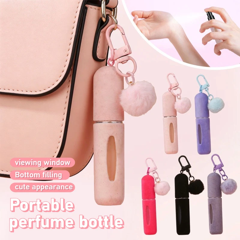 Botella de perfume portátil colgante para viaje, botella de spray portátil con decoración de bola de pelo, botella de spray vacía con llenado inferior
