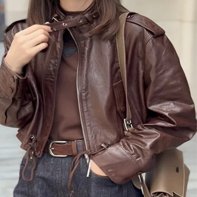 American High Street Sle ort cuero genuino Jaet mujer otoño motocicleta abrigo con Bule Vintage Top irt