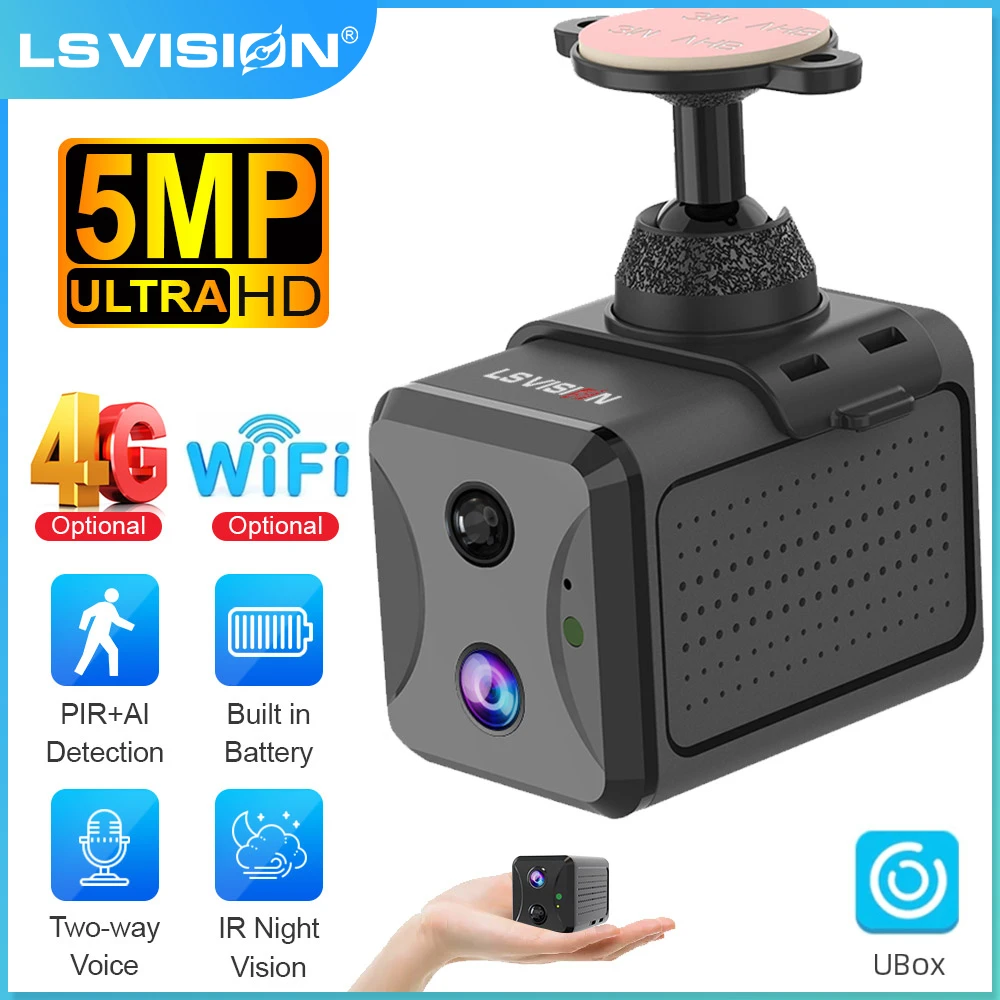 LS VISION 5MP 4G SIM Mini Camera Wireless Wifi IP Cameras Humanoid Detection Battery Power CCTV Home Surveillance Camera Ubox