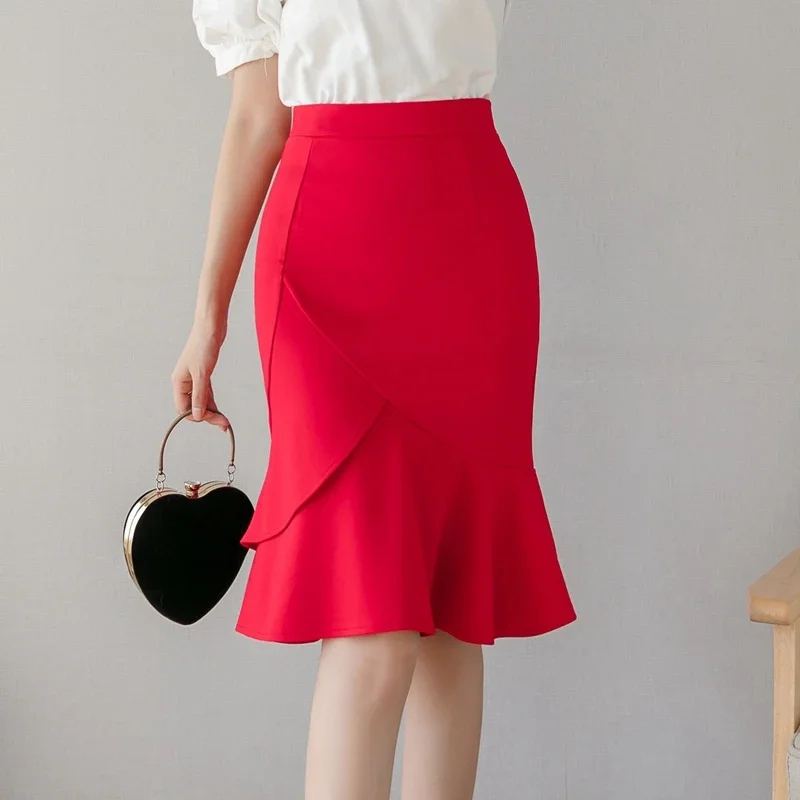 Oversized Black Mermaid Skirts Womens 2026 Fashion Spring Summer High Waist Midi Skirt Women Elegant Sexy Mid Length Skirt Red