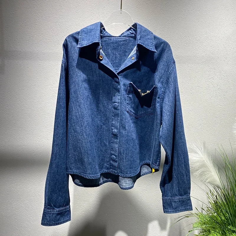 2024 New Blue Roll-Neck Denim Shirt Short Jacket